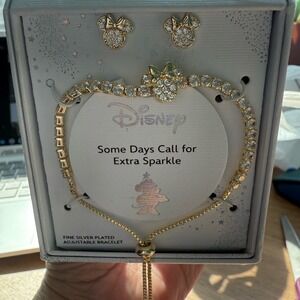 Disney Minnie Mouse Crystal Bolo Bracelet and‎ Stud Earring Set Silver Plated